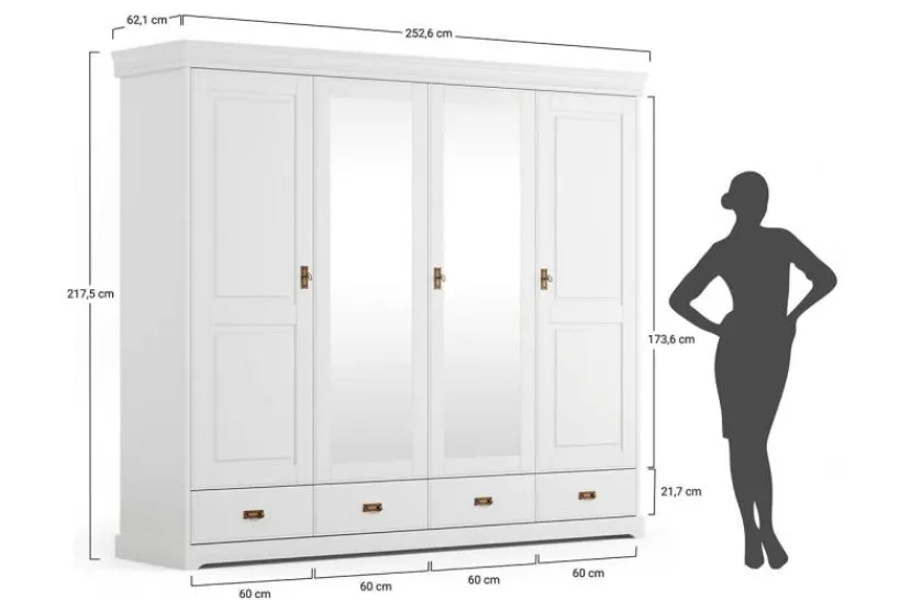 Arrediorg Armadio legno massello bianco top miele 4 ante specchi shabby toscano