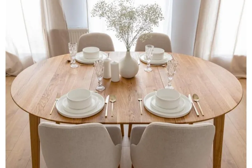 Arrediorg Set Tavolo massello rotondo allungabile + 6 sedie imbottite beige