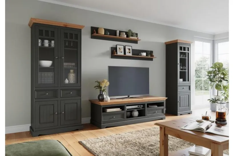 Arrediorg Vetrina due ante pino massello grafite e naturale shabby chic